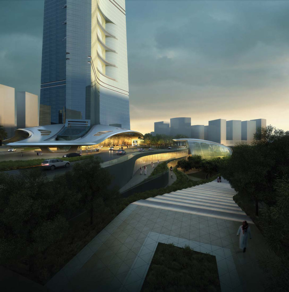 沙特阿拉伯吉达王国大厦的外部效果图，由Adrian Smith + Gordon Gill建筑事务所设计
