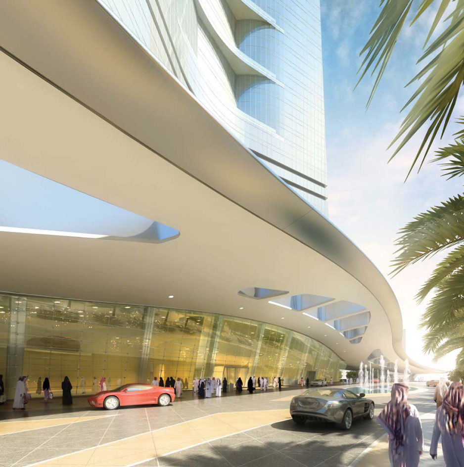 沙特阿拉伯吉达王国大厦的外部效果图，由Adrian Smith + Gordon Gill建筑事务所设计