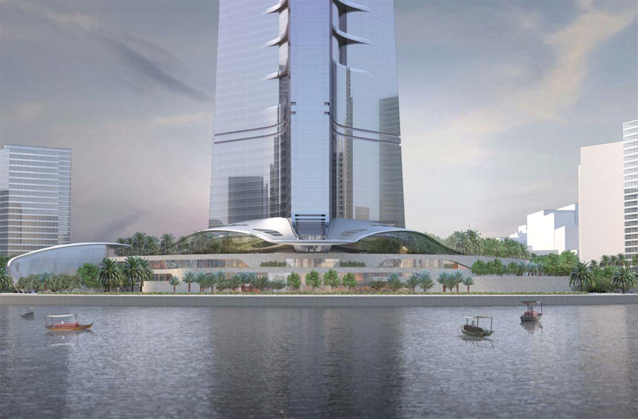 沙特阿拉伯吉达王国大厦的外部效果图，由Adrian Smith + Gordon Gill建筑事务所设计