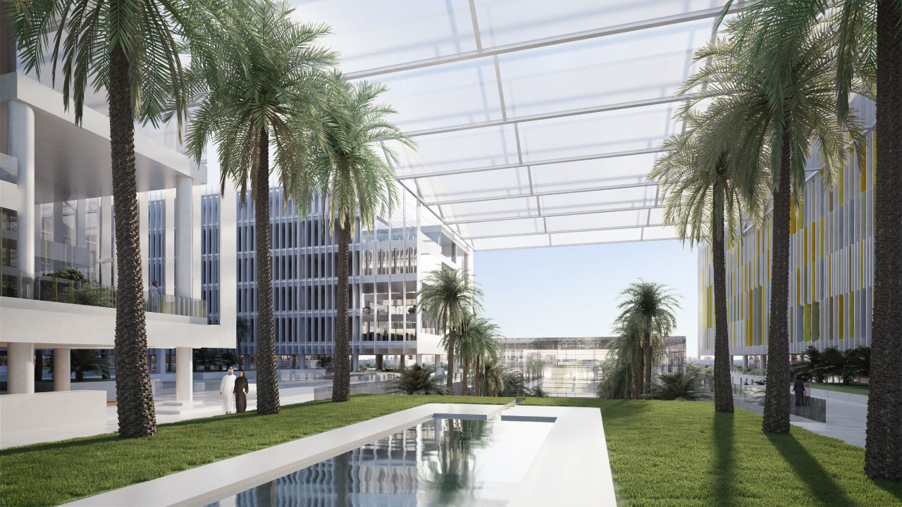 由Skidmore, Owings & Merrill绘制的Sheikh Kahlifa医疗城市公地效图