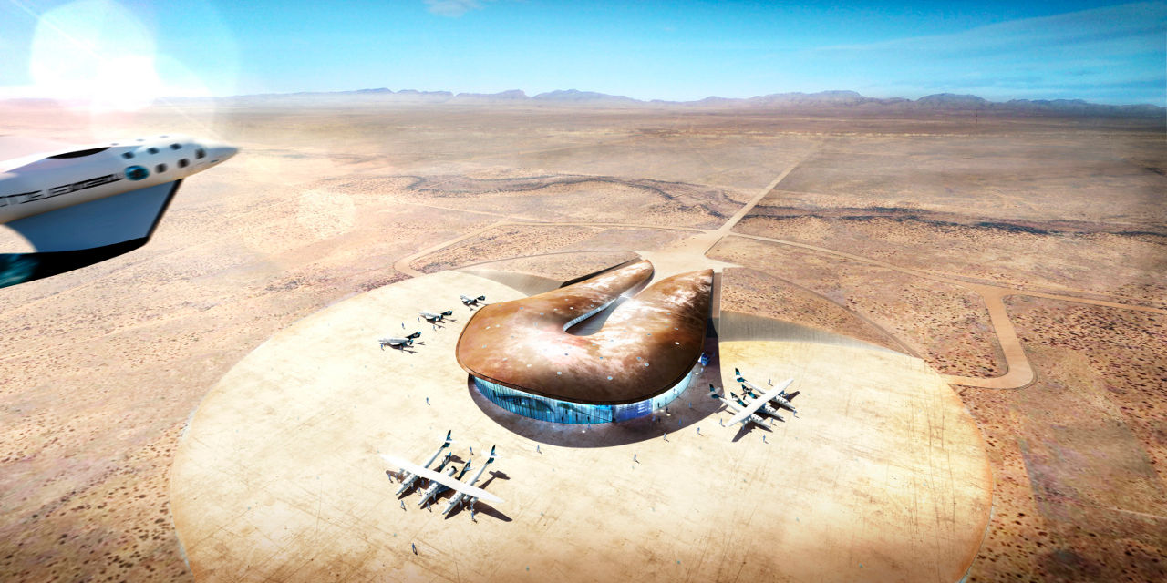 由Foster + Partners绘制的维珍银河在新墨西哥州美国太空港的终端和机库的航空效果图