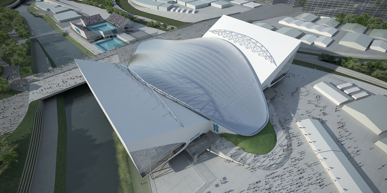 Zaha Hadid为2012年伦敦奥运会设计的水上运动中心鸟瞰图