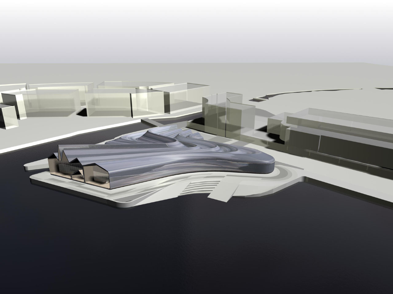 Zaha Hadid建筑事务所设计的滨河交通和旅行博物馆空中渲染图