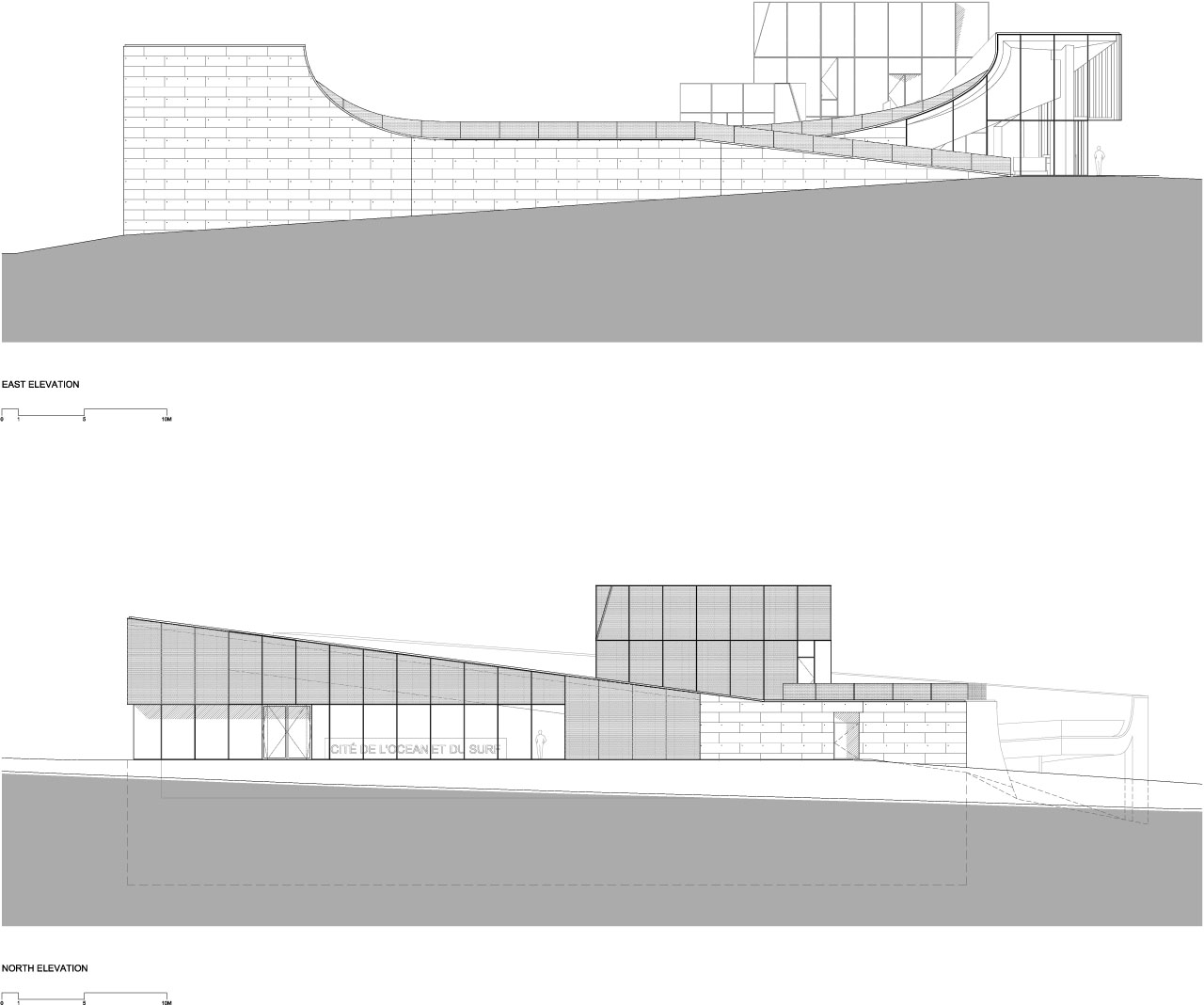 由Steven Holl建筑事务所设计的Cite de l 'Ocean和du Surf博物馆立面图
