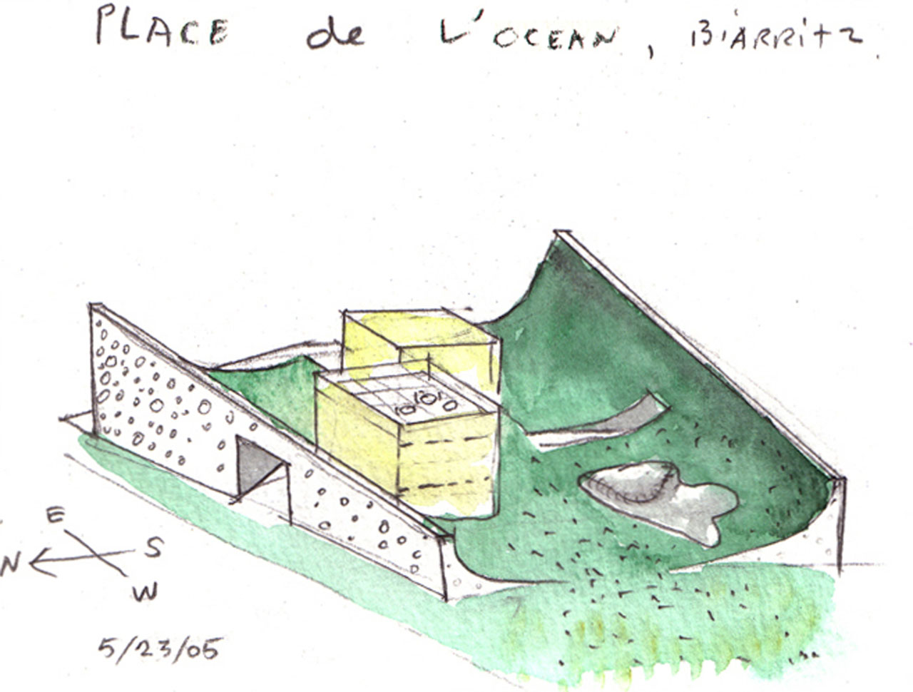 由Steven Holl建筑事务所设计的Cite de l’ocean和du Surf博物馆的水彩概念草图