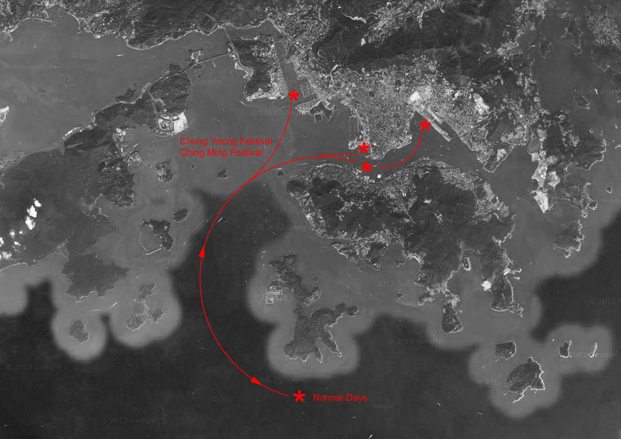 在香港浮动墓地的停靠地点的路线
