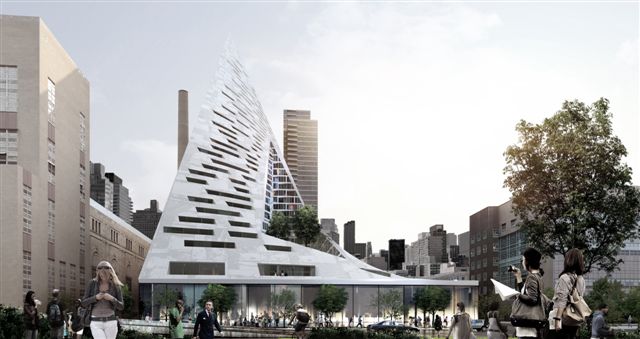 Bjarke Ingels Group (BIG) Durst Fetner住宅楼的外部效果图。该住宅楼位于纽约曼哈顿西57街