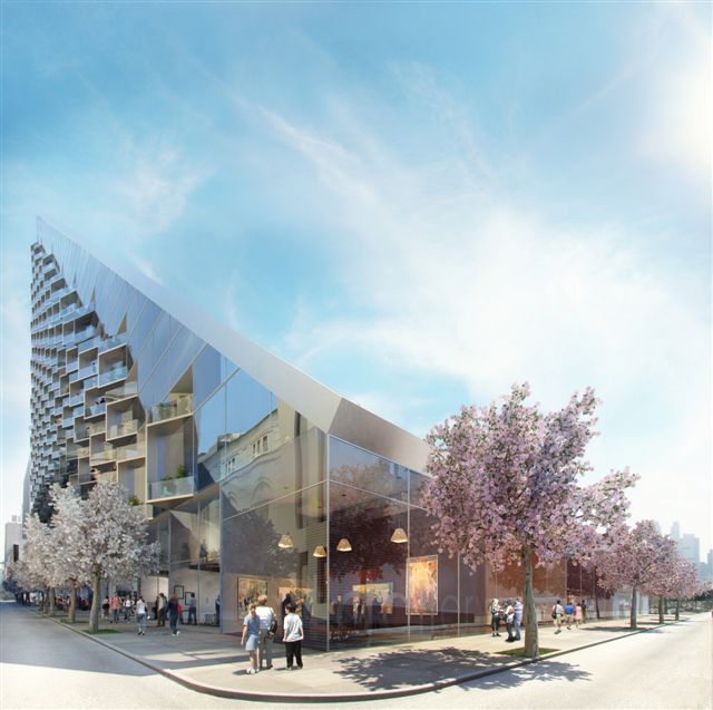 Bjarke Ingels Group (BIG) Durst Fetner住宅楼的外部效果图。该住宅楼位于纽约曼哈顿西57街