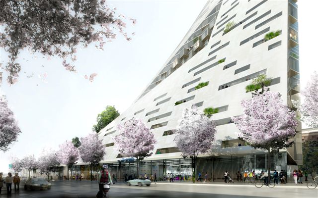 Bjarke Ingels Group (BIG) Durst Fetner住宅楼的外部效果图。该住宅楼位于纽约曼哈顿西57街