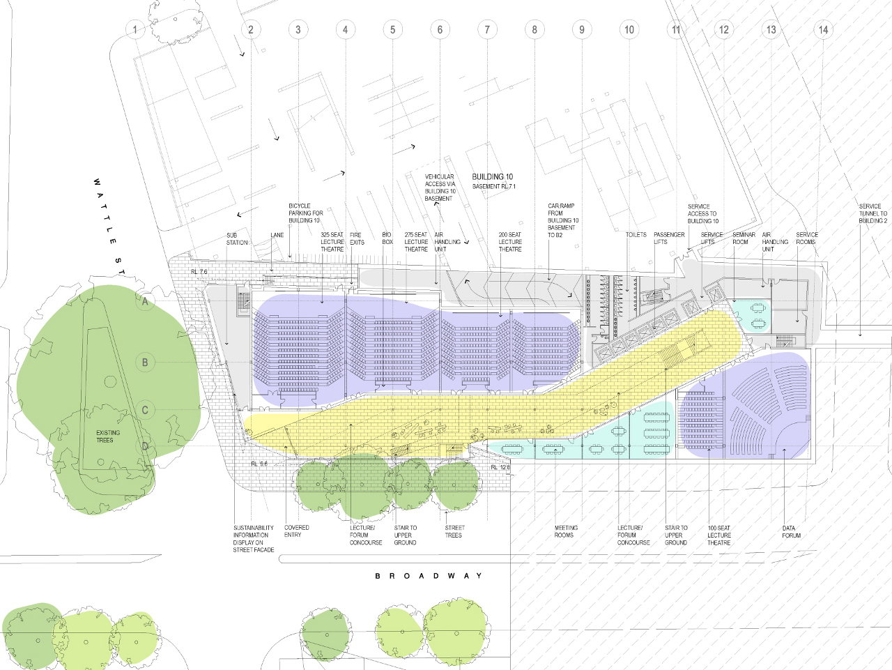Denton Corker Marshall建筑事务所设计的澳大利亚悉尼科技大学百老汇大楼的平面图