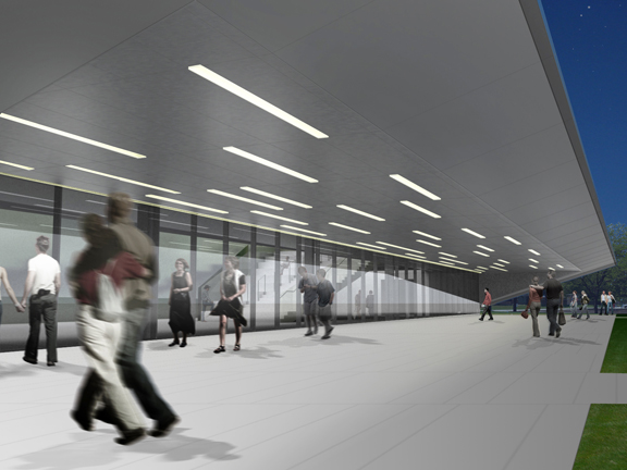 斯诺赫塔(Snohetta)设计的鲍灵格林州立大学(Bowling Green State University)沃尔夫合作艺术中心(Wolfe Center for the Collaborative Arts)的室内效面图