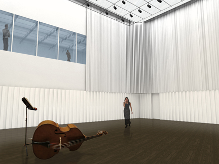 斯诺赫塔(Snohetta)设计的鲍灵格林州立大学(Bowling Green State University)沃尔夫合作艺术中心(Wolfe Center for the Collaborative Arts)的室内效面图