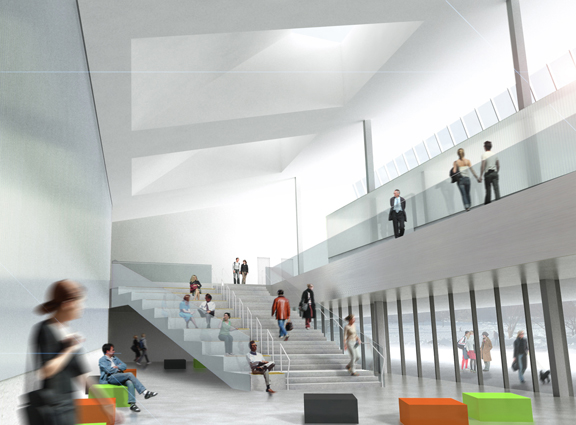 斯诺赫塔(Snohetta)设计的鲍灵格林州立大学(Bowling Green State University)沃尔夫合作艺术中心(Wolfe Center for the Collaborative Arts)的室内效面图