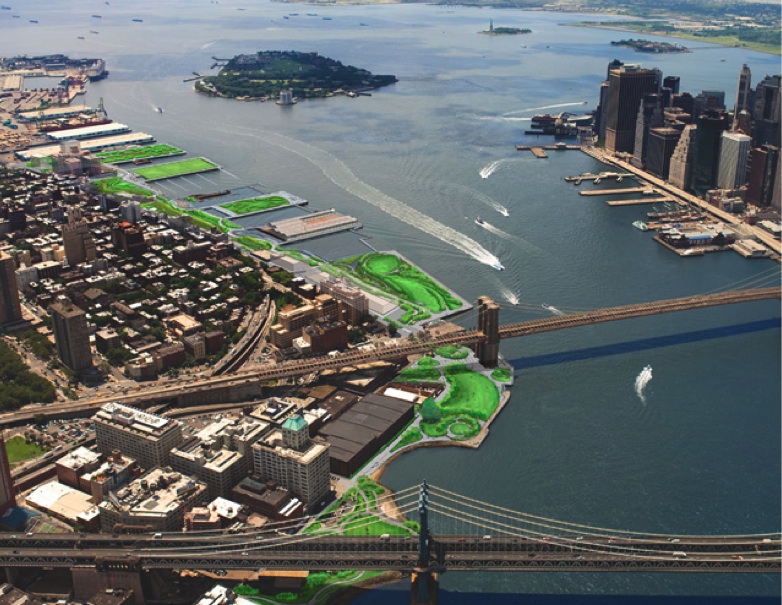 布鲁克林大桥公园鸟瞰图由景观建筑公司Michael Van Valkenburgh Associates绘制